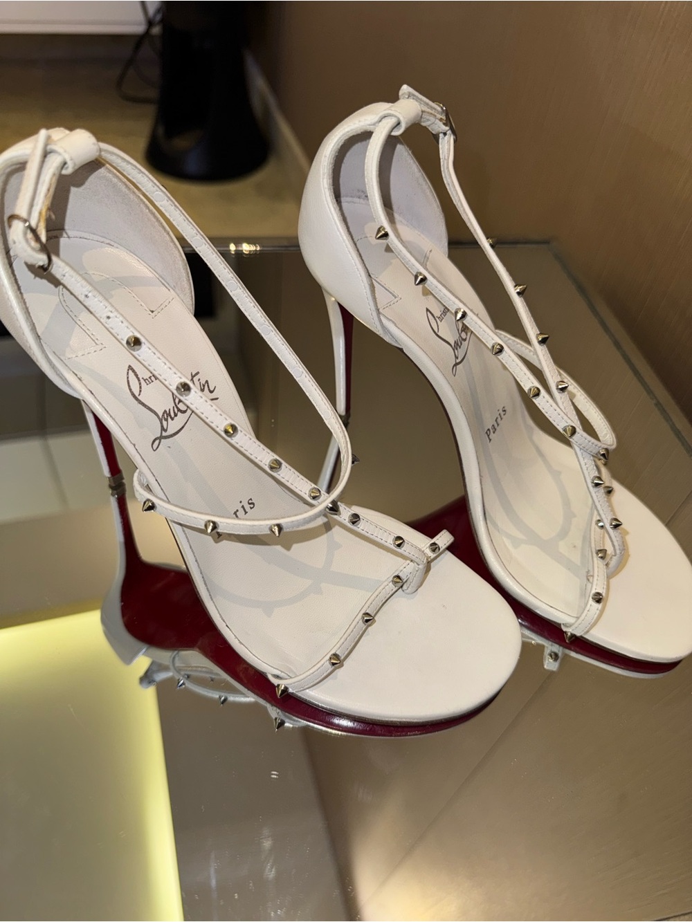 Christian Louboutin White Studded T-Strap Platform Sandals with Red Sole